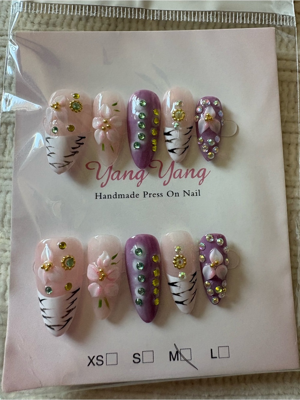 3D Pink & Purple Handmade Press-On Nails Size Medium